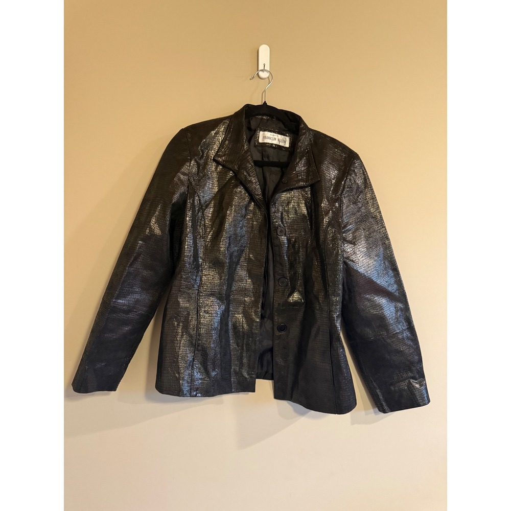 Franklin Allen Black Snakeskin Embossed Genuine Leather Jacket Metallic Size M